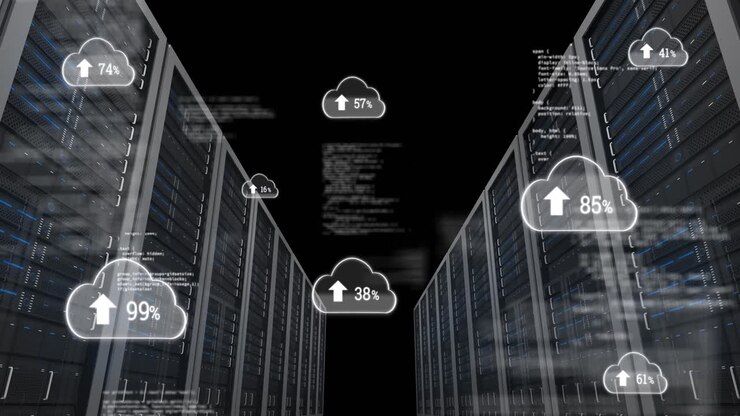 Animation of data processing and clouds with percentage over server room