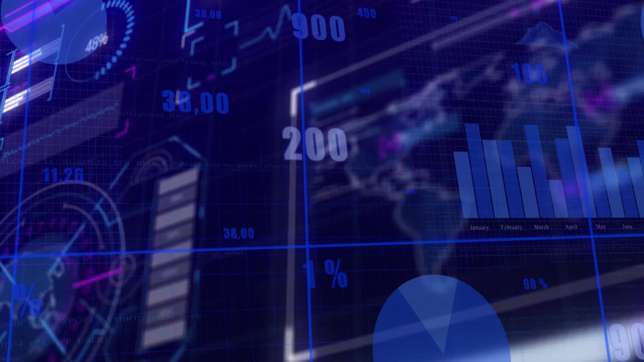 Displaying animation of financial data and graphs on futuristic blue interface