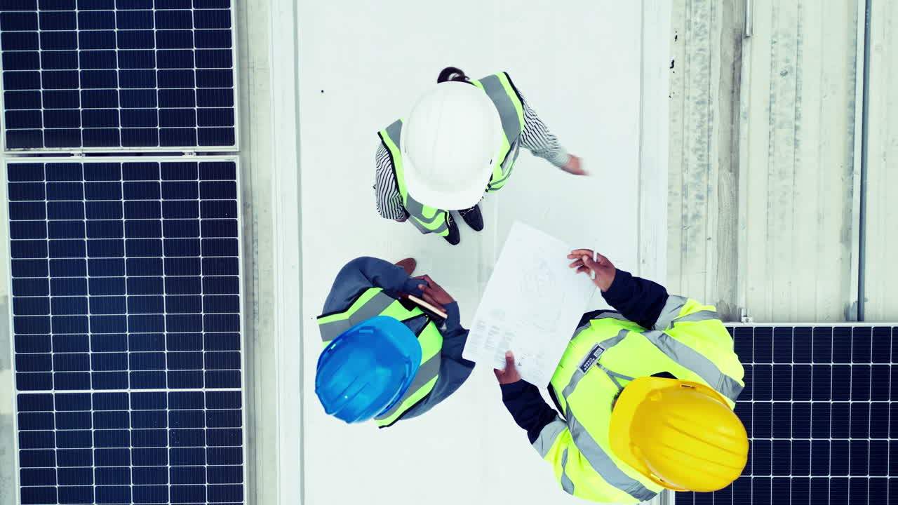 Top view, solar panels and people with teamwork