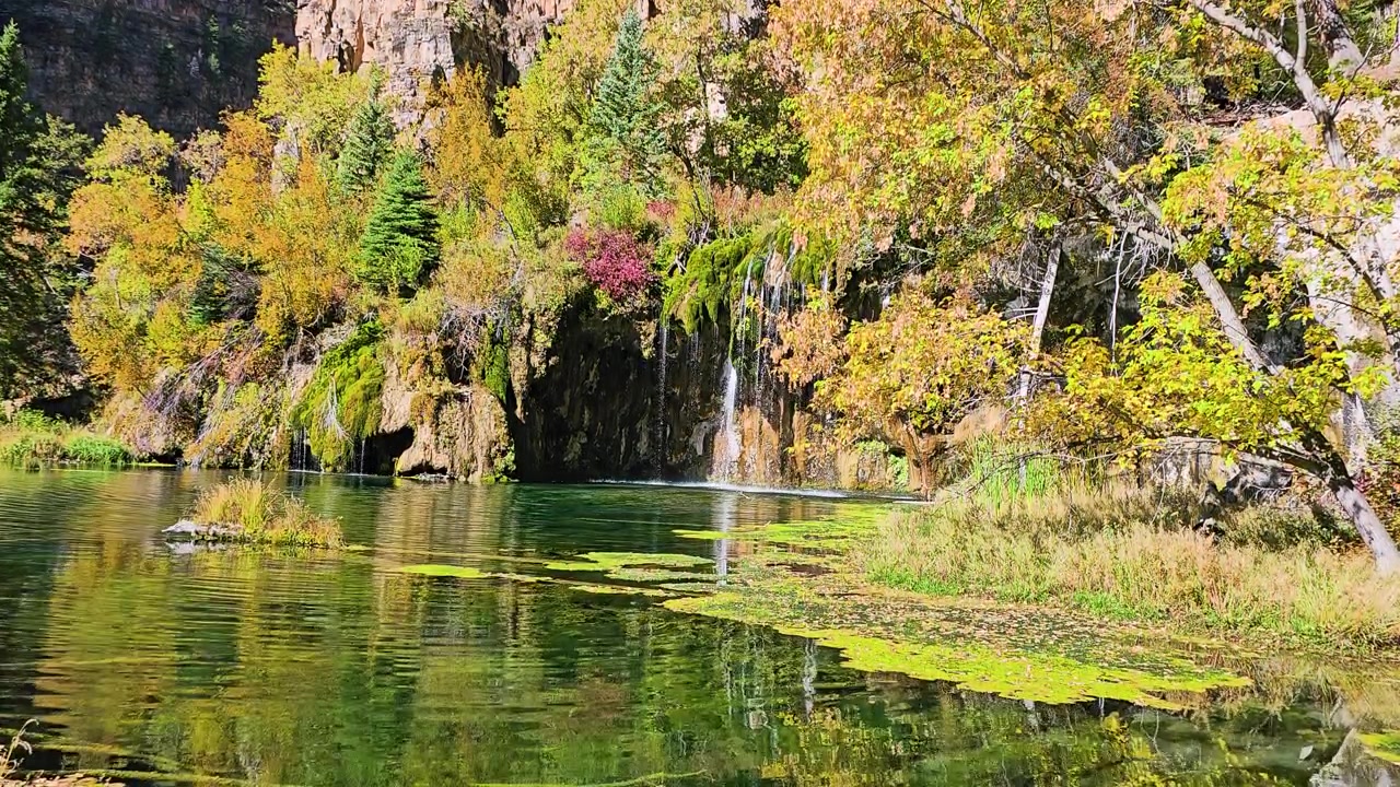 Piccola isola erbosa che galleggia nelle acque limpide di Hanging Lake, in Colorado, sotto cascate muschiose, sporgenze rocciose scoscese e una foresta autunnale colorata che risplende alla luminosa luce solare di montagna