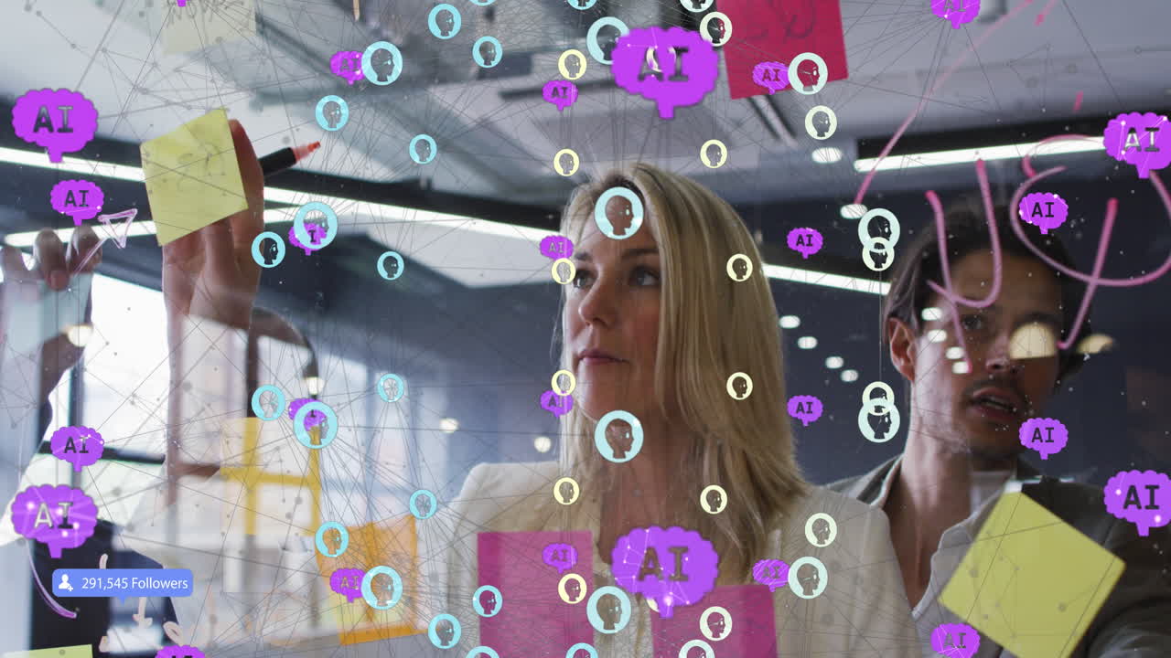 animación de personas conectadas e íconos sobre una mujer diversa con un hombre pegando una nota en la pared de vidrio