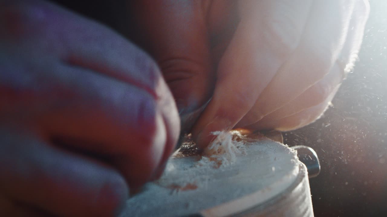 Slow motion macro of master artisan luthier painstaking detailed work on wood violin in a workshop