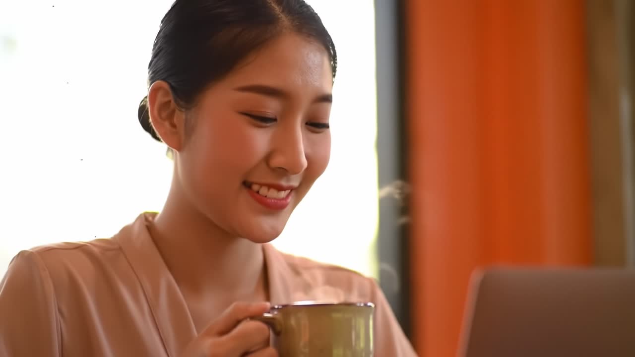 Enjoying a Warm Cup of Coffee While Engaged in Online Activities: A Relaxing Morning Scene Captured with a Smile and a Laptop