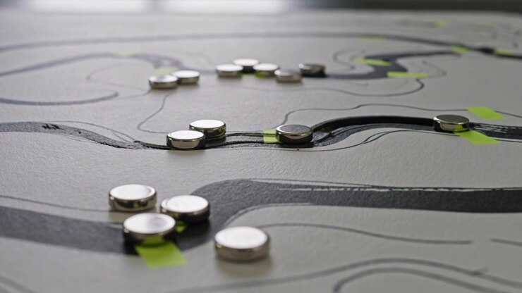 Starting frames, disc magnets moving along black tracks on grey board with green tape, stacking