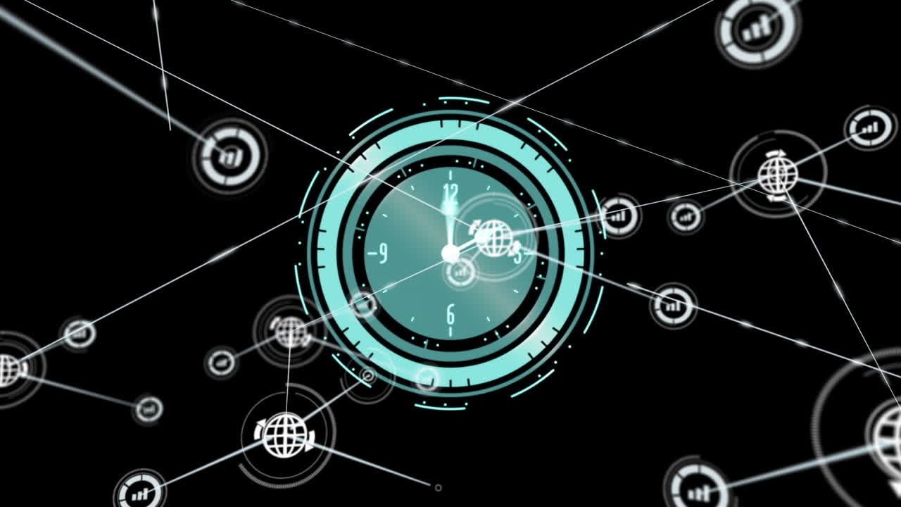 Animazione di rete di connessioni con icone su un orologio