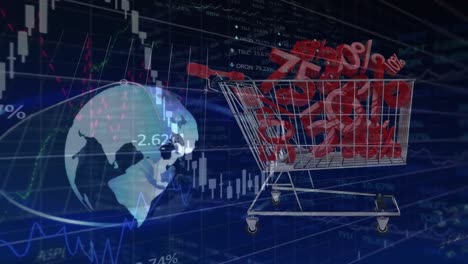 animación del procesamiento de datos y el globo sobre el carrito de la tienda