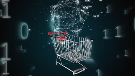 Animation-of-shopping-trolley-with-globe-of-network-of-connections-and-binary-coding
