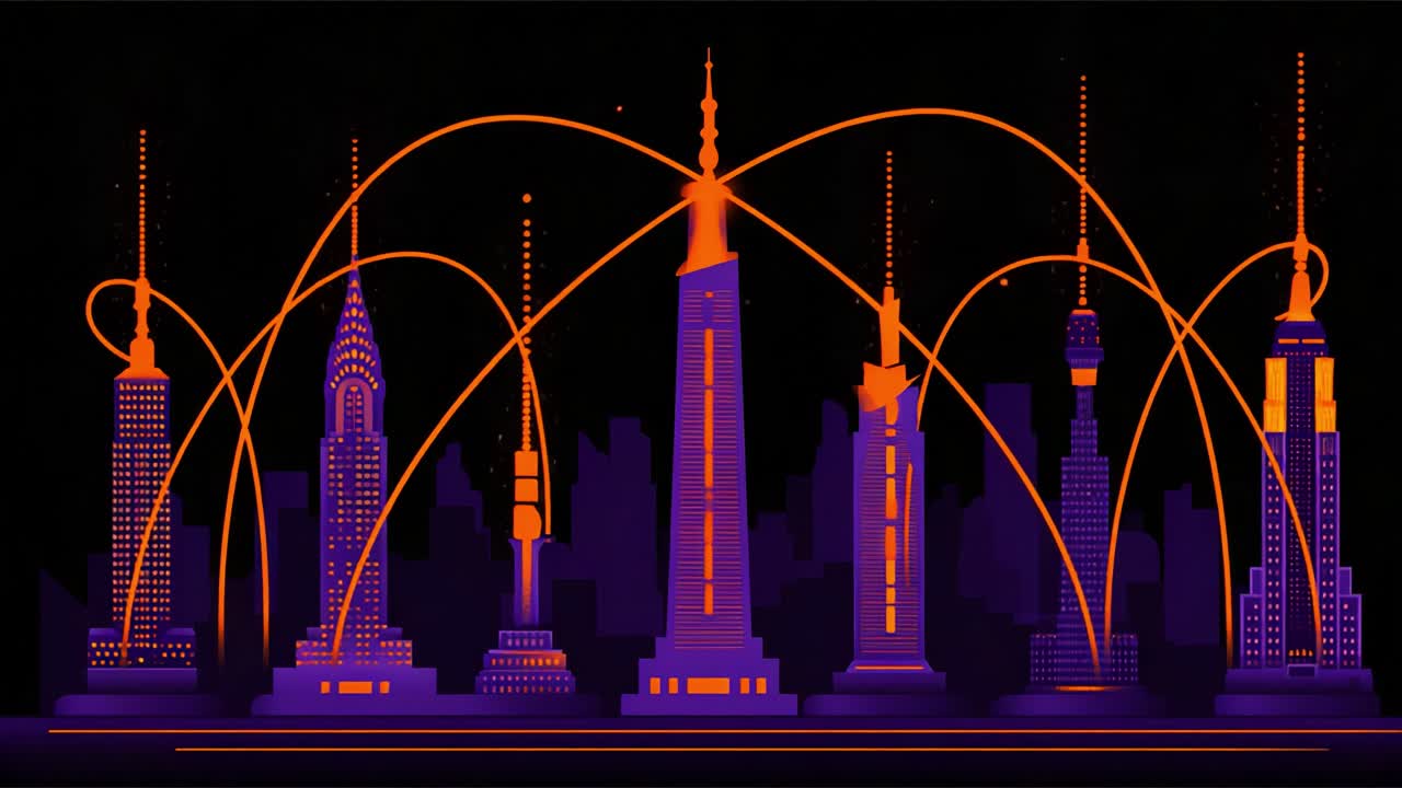 An Impressive Display of Iconic Skyscrapers Brilliantly Illuminated with Fiery Orange Fireworks Against a Dark Night Sky Creating a Stunning Urban Landscape