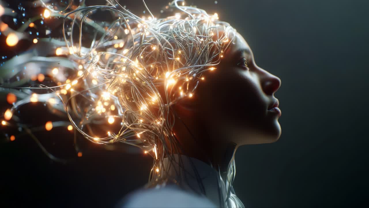 A captivating visual representation of a futuristic figure with luminous, flowing wires resembling hair, blending human features with technological elements for a stunning artistic expression