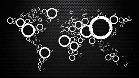 concepto de mapa del mundo con ruedas de flechas en fondo perforado negro
