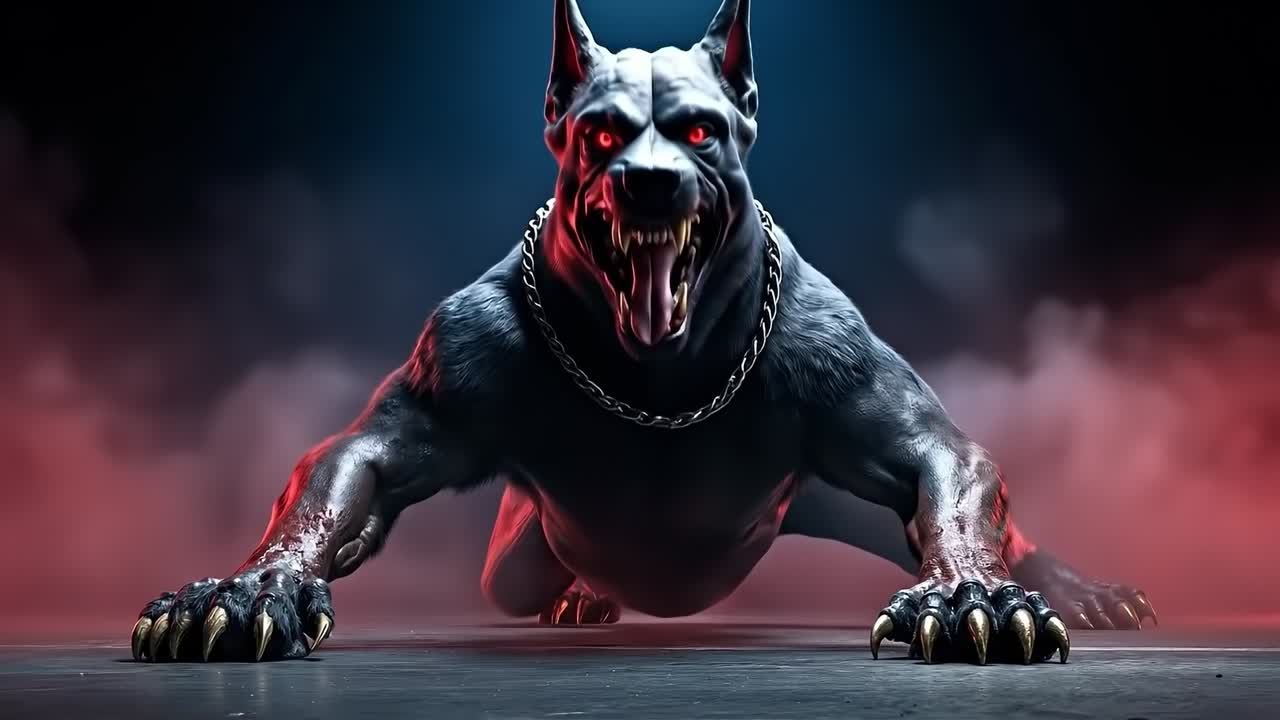 A dog with red eyes and a chain around its neck in the smoke