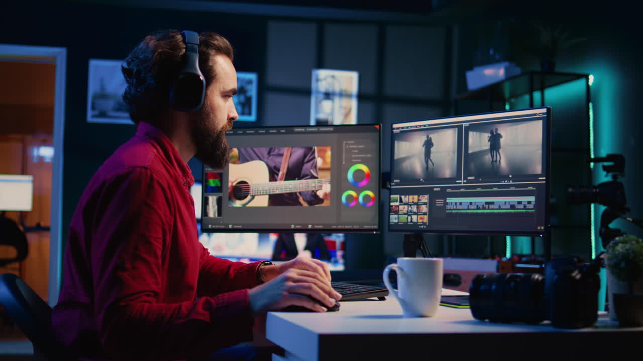 videógrafo que usa auriculares para probar y mejorar la calidad de audio utilizando herramientas de edición