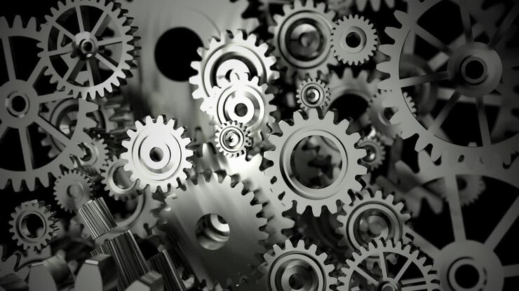 3D Rendering metal gear wheel spinning rotation, for teamwork success and technology concept, with a depth of field
