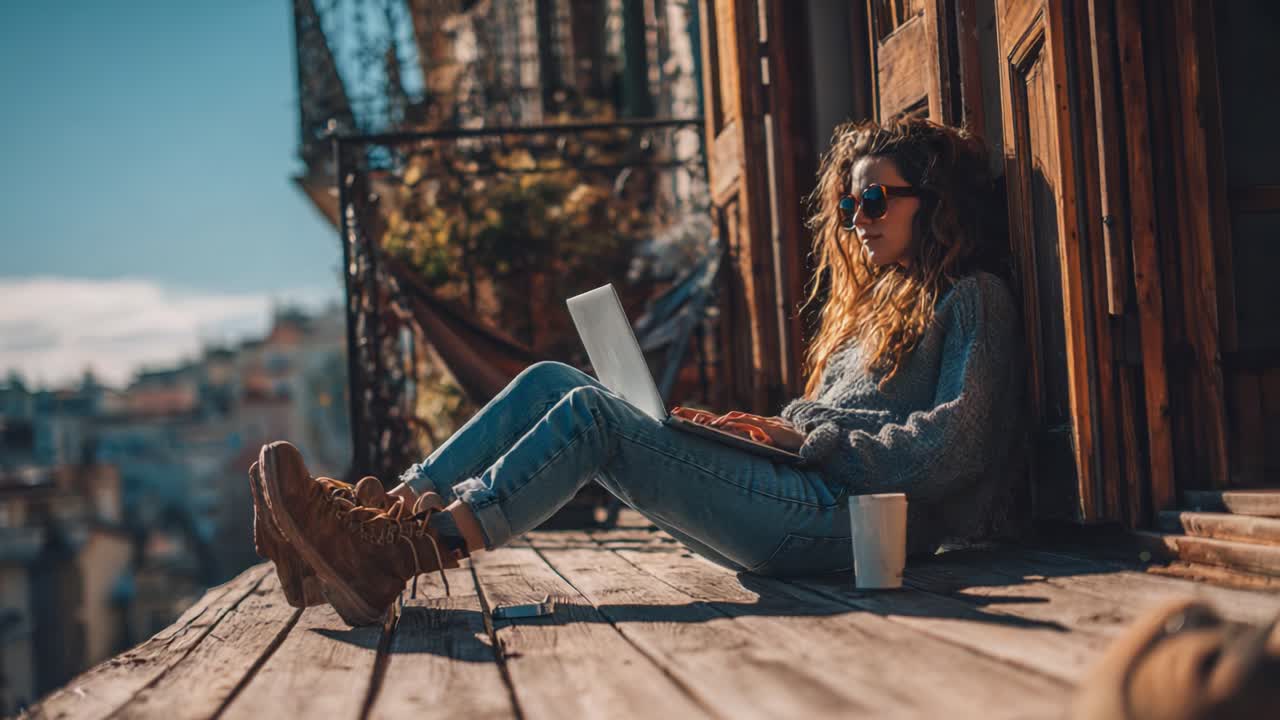 Un momento di relax: una giovane donna si gode il tempo libero lavorando al laptop seduta su un balcone rustico sotto la calda luce del sole