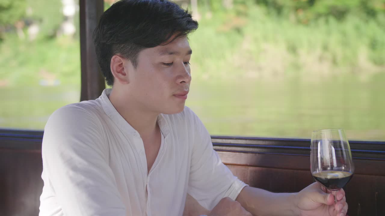 Man Drinking Wine On Boat,Slow Motion
