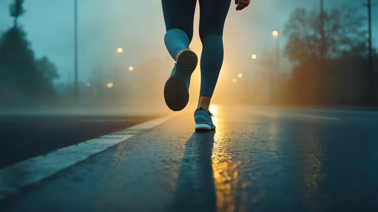 Dynamic low-angle shot of a person jogging on a wet road at dawn, capturing motion and energy