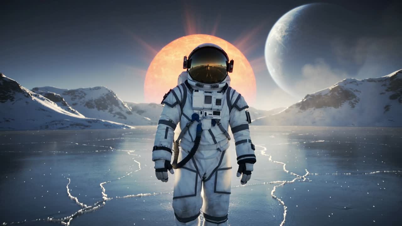 Gående EVA-påklædt astronaut krydser revnet is, nærmer sig kameraet med guldvisir på mission.