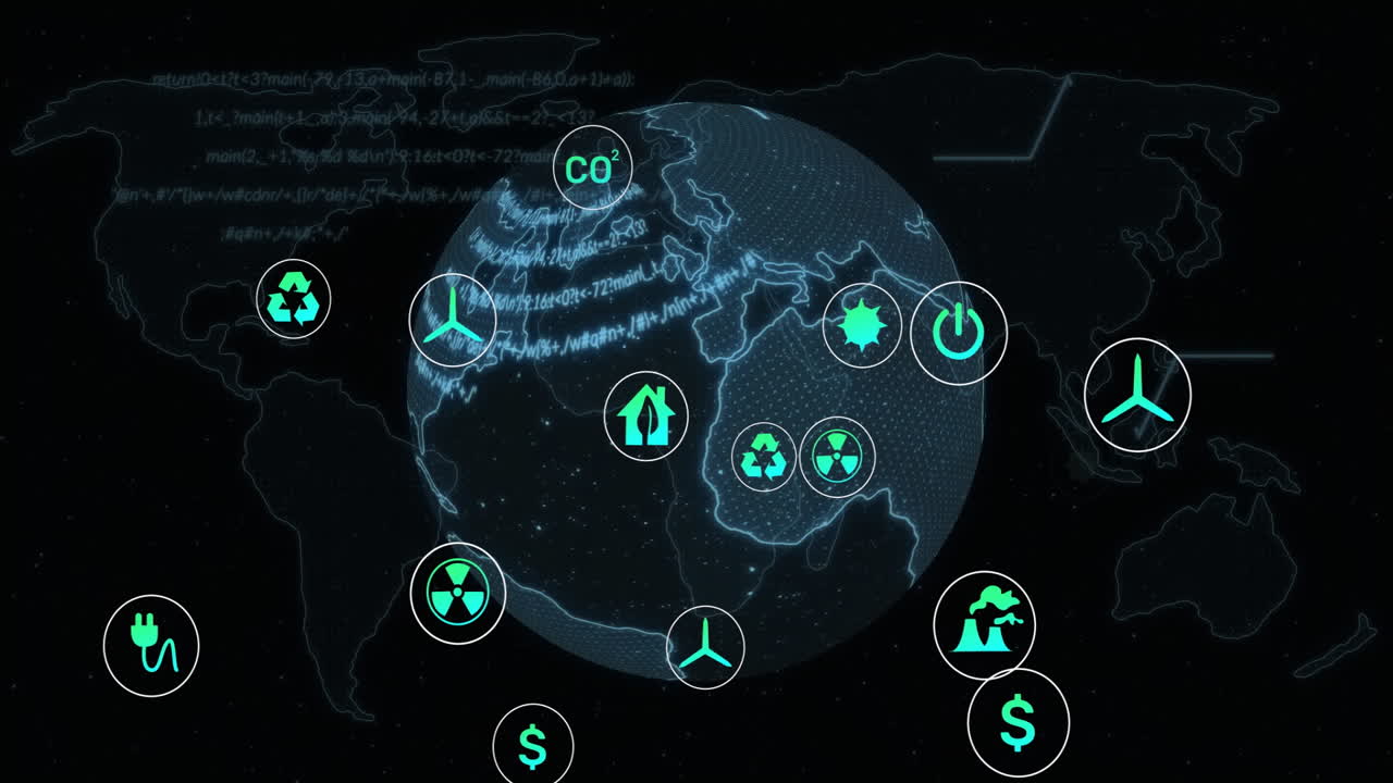 Glowing 3D globe spinning over dark data map displaying wind turbine recycling nuclear hazard icons