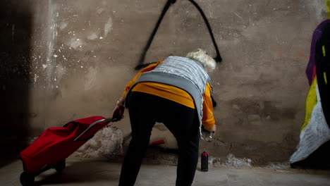 rebel grandma graffiti artist against an urban wall