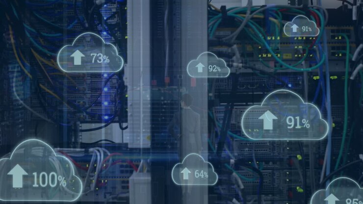 Animation of arrow and changing numbers in clouds over data server racks in server room