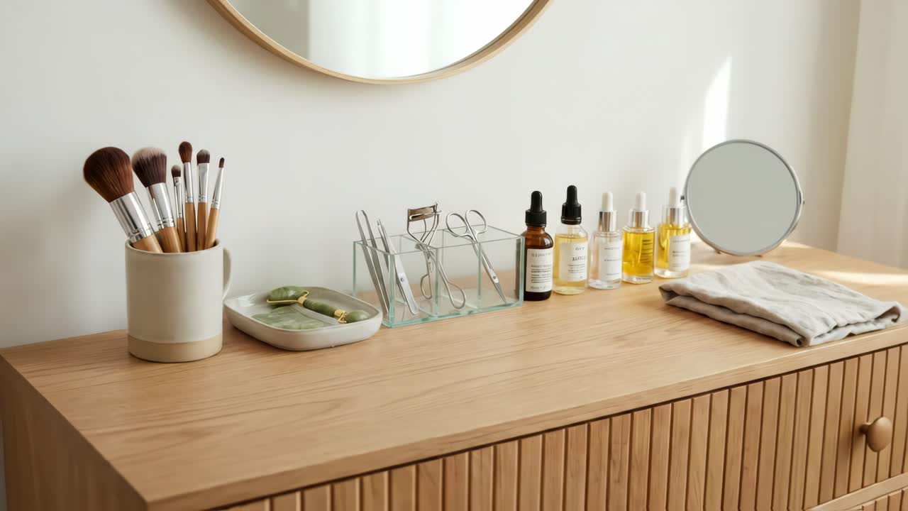 Tavolo da trucco organizzato con prodotti per la cura della pelle e strumenti per il make-up