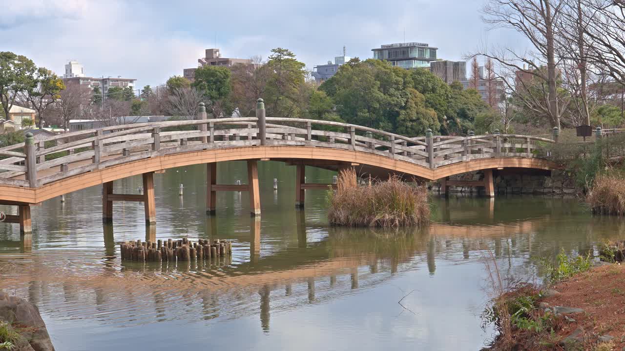 A picturesque view of the Izezuki Bridge in Senzokuike Park, Tokyo, Japan, showcasing its elegant wooden structure over the tranquil pond.