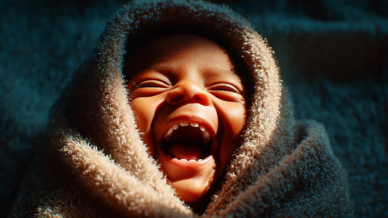 Capturing the Joyful Journey of Infancy: From Sleepy Yawns to Heartfelt Laughter, a Precious Baby's Transition in a Cozy Blanket Environment