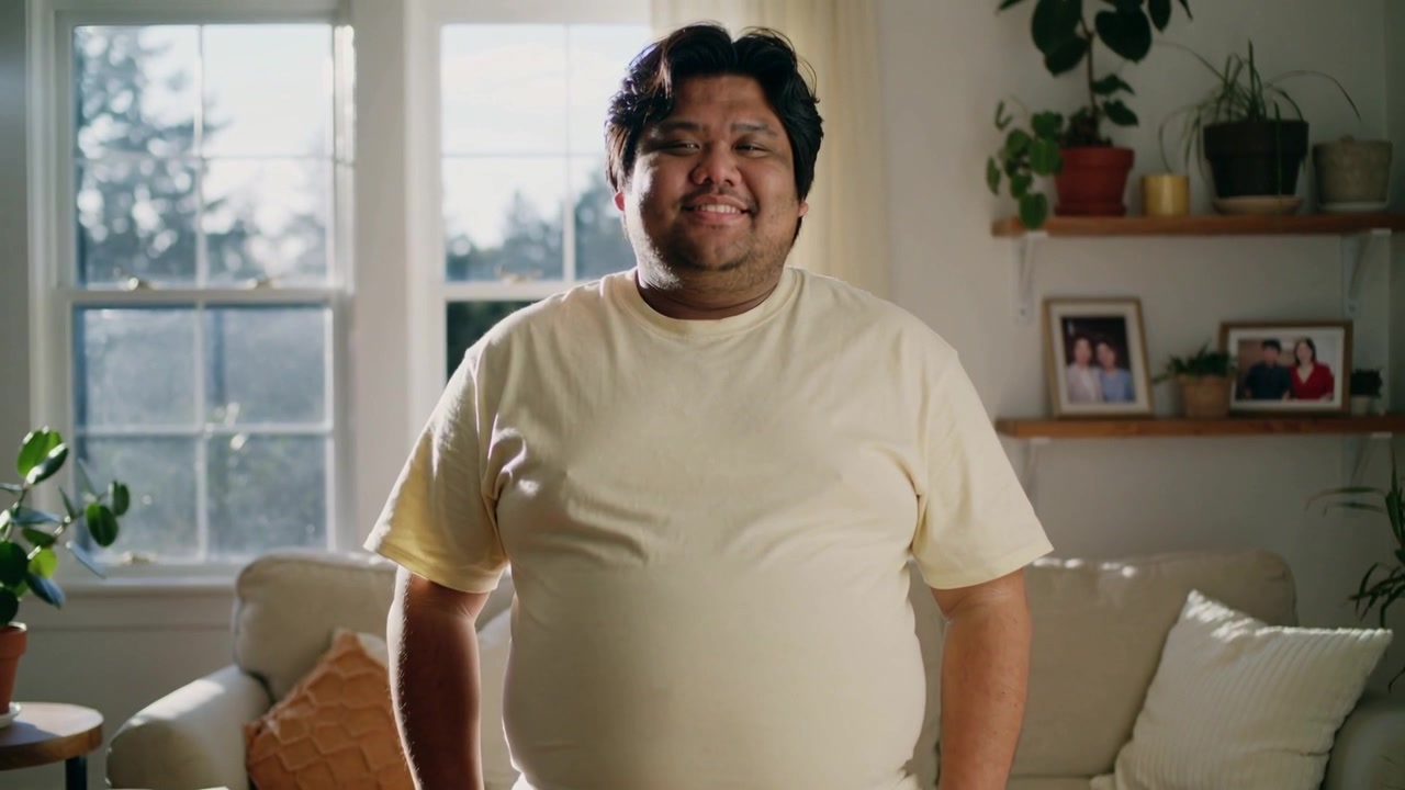 Hombre de pie con camiseta amarilla sonriendo mientras la cámara se acerca en casa junto al sofá.