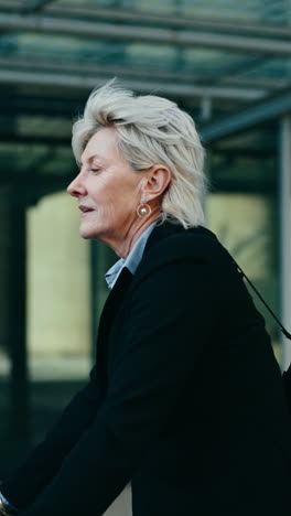 senior businesswoman cycling in the city