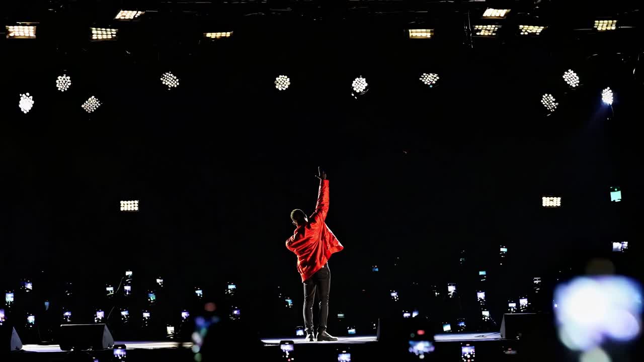 열정적인 가수가 활기차게 공연하는 것을 강조하는 활기찬 무대 조명, 감동적인 라이브 음악 이벤트 중에 스마트폰을 사용하여 순간을 포착하는 관객 구성원