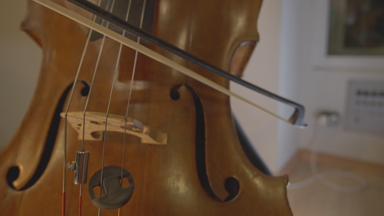 Primo piano di un musicista che suona il violoncello con un archetto