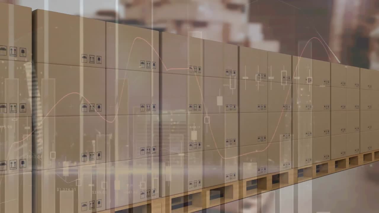 animación del procesamiento de datos financieros sobre cajas de cartón en cinta transportadora
