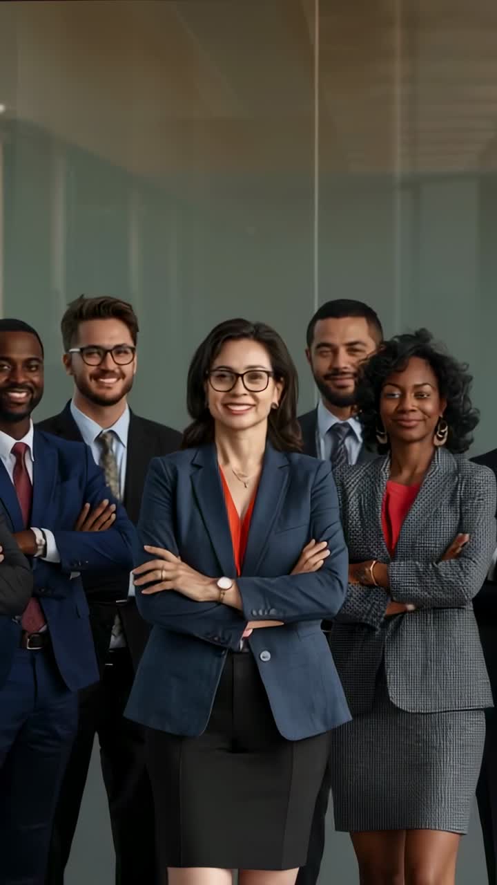 Vertical video: Camera starting on woman arms crossed, panning left revealing team in glass lobby