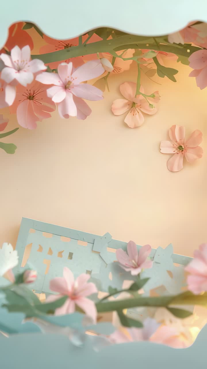 Vertical video: Sliding scallop panels revealing paper diorama in studio to show pink bloom, depth