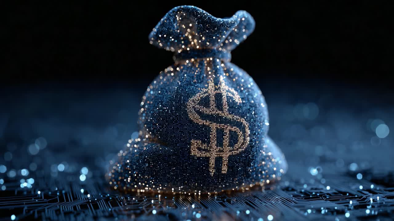 Illustration of a shimmering digital money bag that symbolizes wealth and prosperity, adorned with sparkling elements showcasing the value and allure of financial abundance