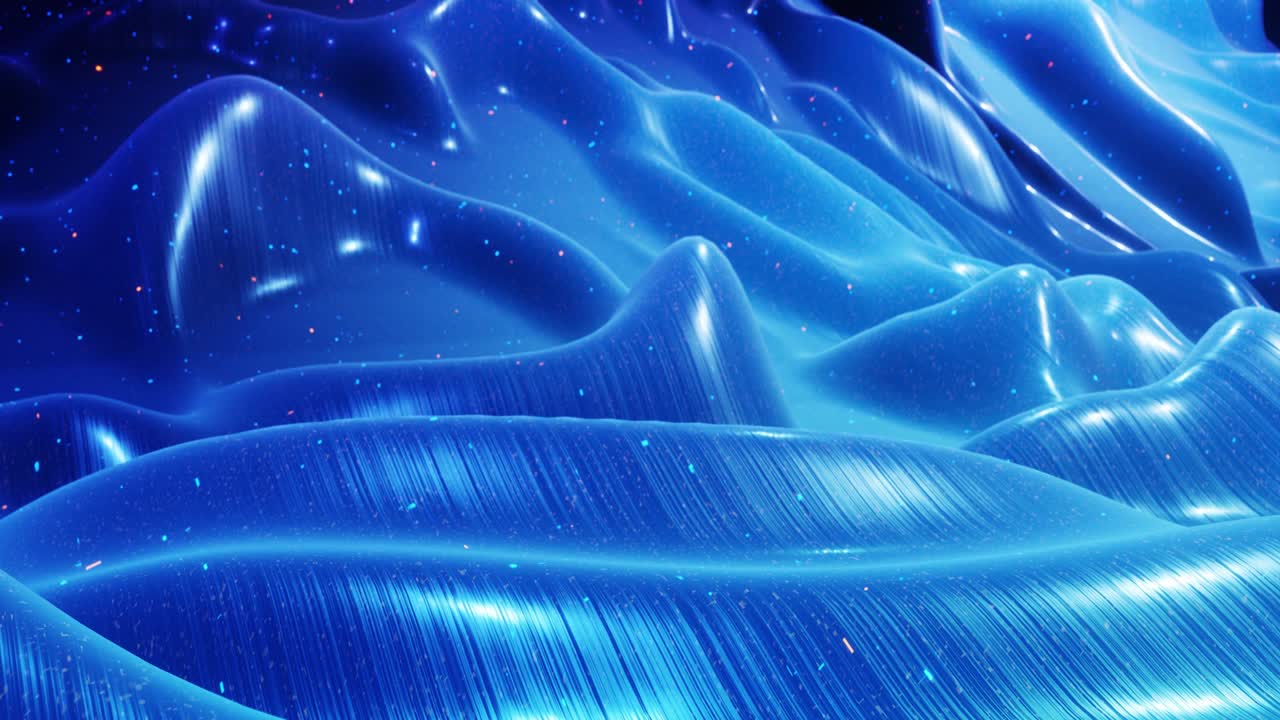 fantastical festive blue bg. Stylish abstract looped background, waves move on glossy surface like landscape made of liquid blue wax with sparkles. Beautiful soft background with smooth animation 4k