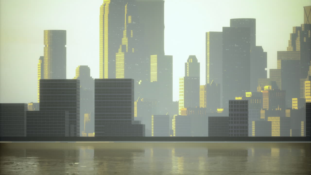 Urban skyline reflecting golden hues at dusk over serene waters