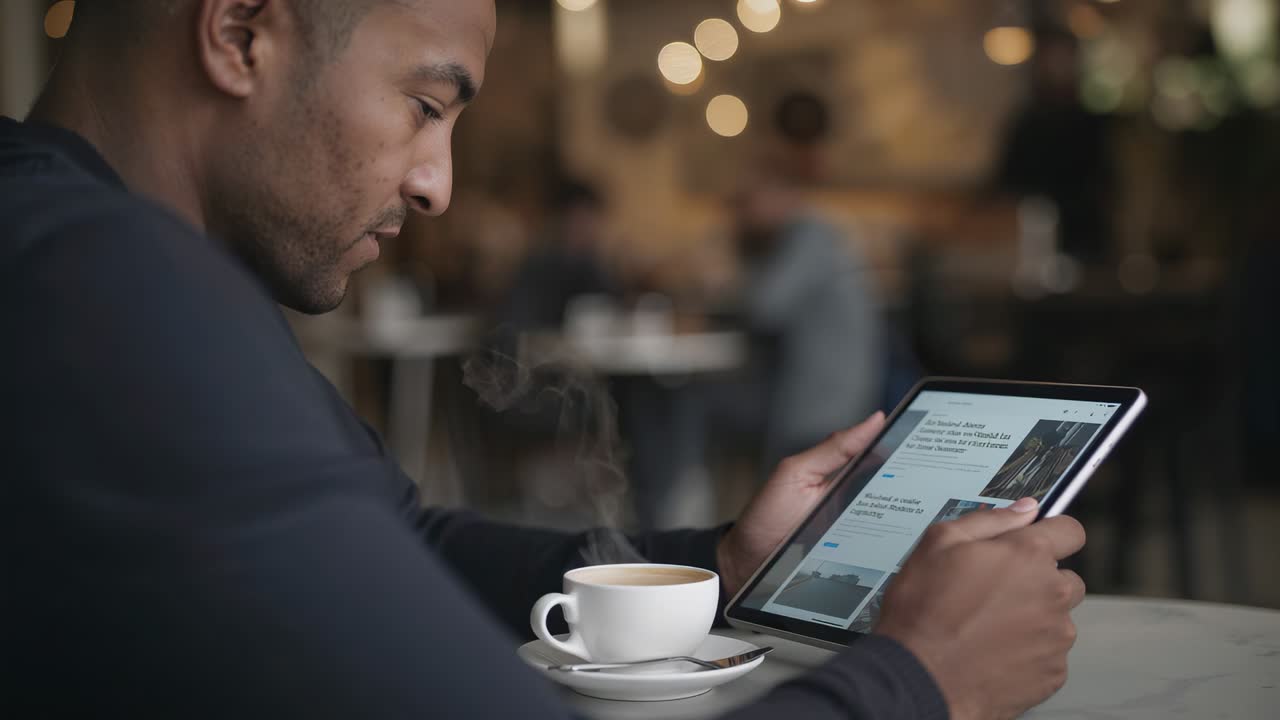 Holding tablet, man in dark long-sleeve top swiping through articles at cafe table with coffee cup