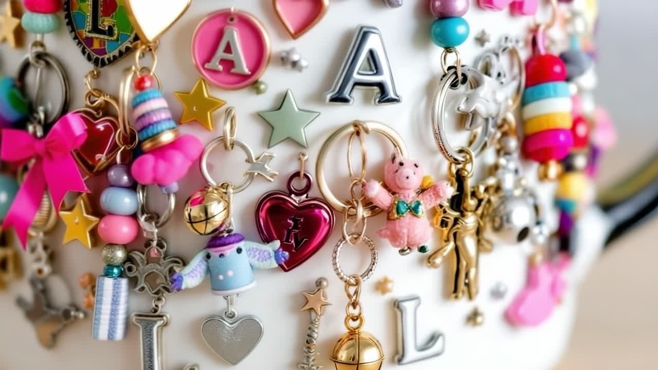 Collection of keychains with various shapes and colors adorns a white cup, creating a vibrant and playful display