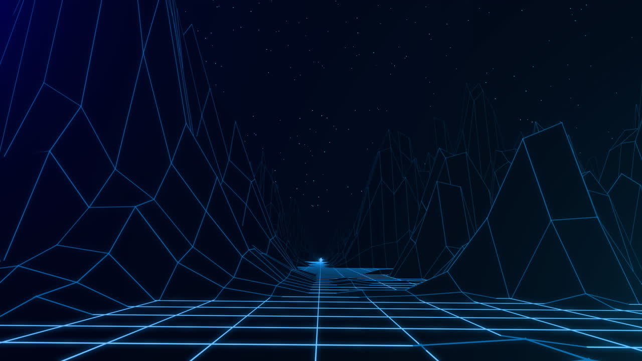 Seamless loop of glowing outlines of mountains on blue background