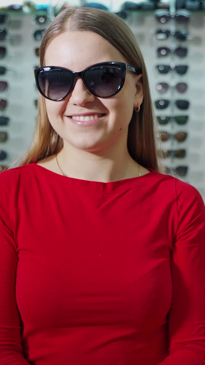 Young woman buying sunglasses. Cheerful woman buying glasses in optician shop
