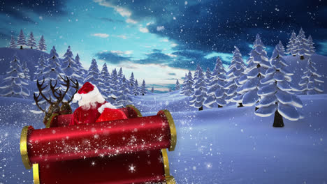 Animation-Des-Weihnachtsmanns-Im-Schlitten-Mit-Weihnachtsgeschenken-Und-Schnee,-Der-In-Die-Winterlandschaft-Fällt
