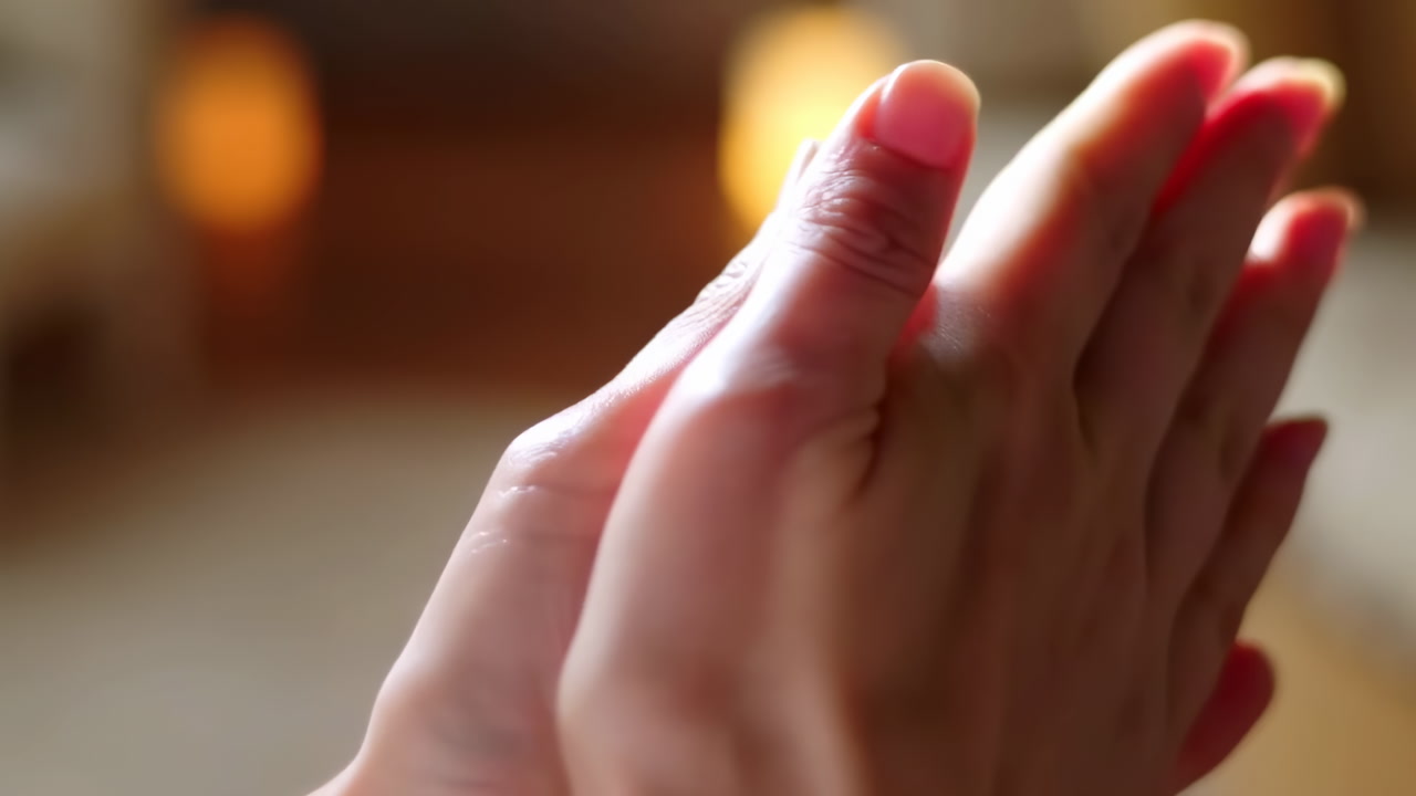 Hands Rubbing Near Warm Candlelight, Closeup Of Palms Generating Heat, Sweater Cuff Visible, Soft Bokeh