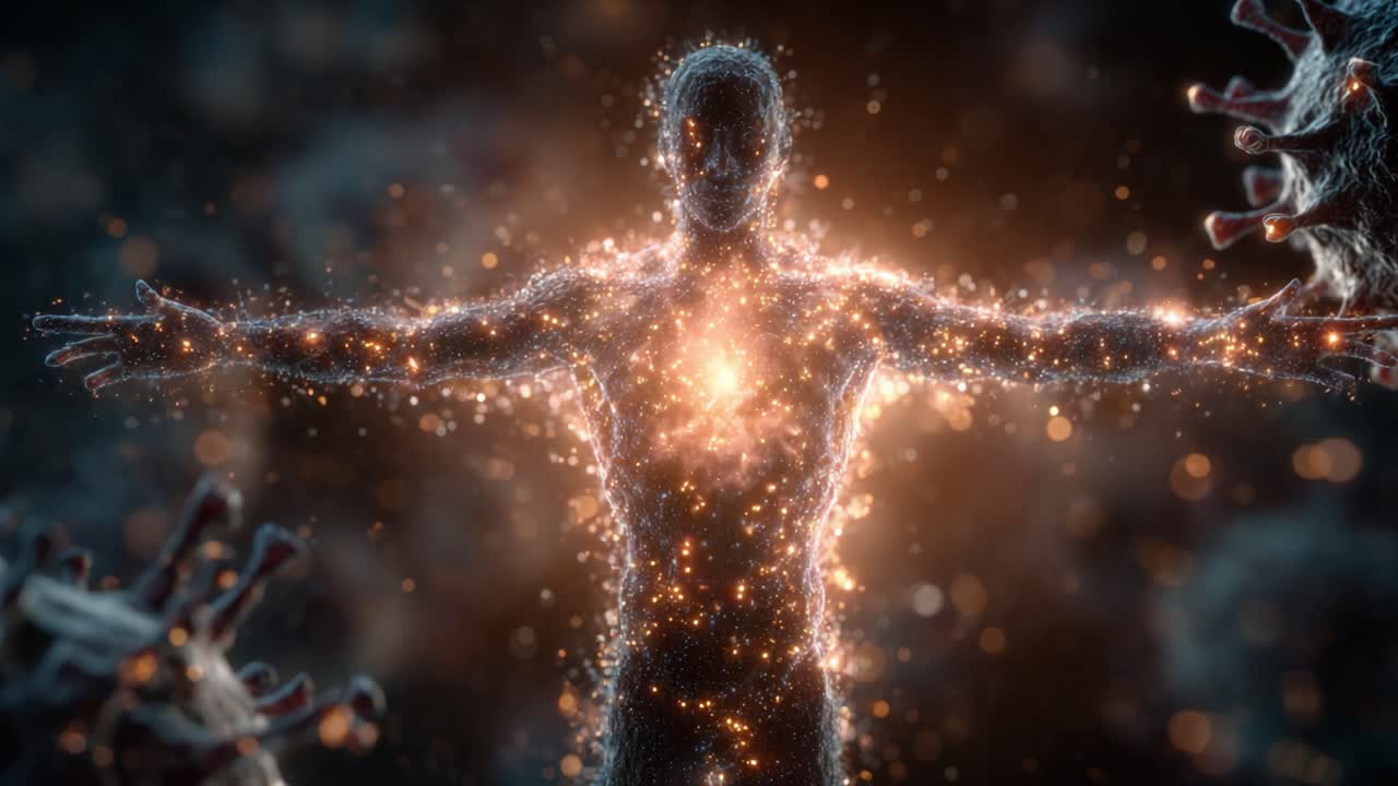 Ethereal Representation of the Human Form Surrounded by Vibrant Particles and Microbial Elements, Highlighting the Interplay Between Humanity and Nature's Intricacies