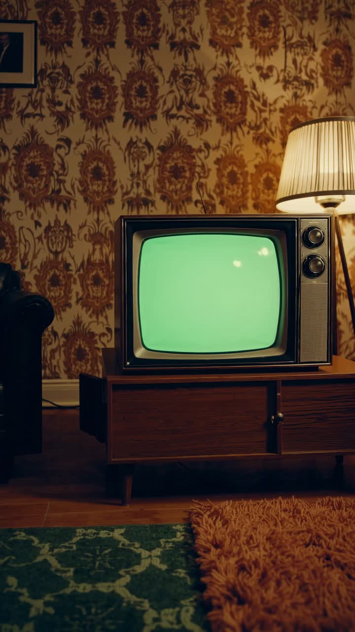Soggiorno in stile retrò con TV vintage che mostra uno schermo verde, scattata da un angolo basso