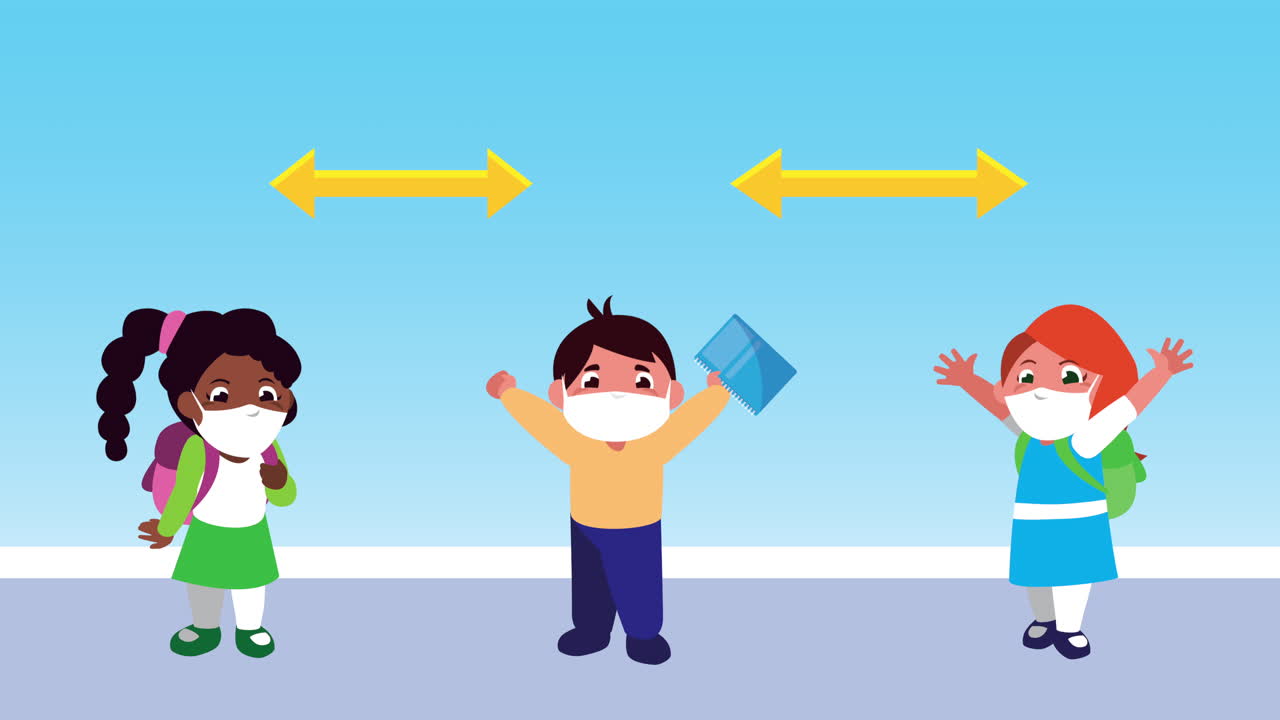 사회적 거리를 지키며 의료 마스크를 착용하는 어린 학생들