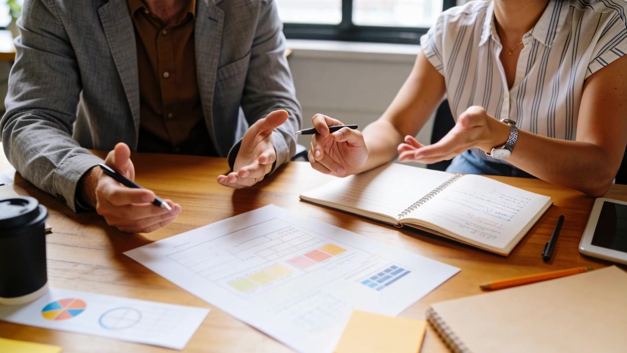 Leaning as chart spreading, blazer-clad man and striped-blouse woman reviewing charts at wood table