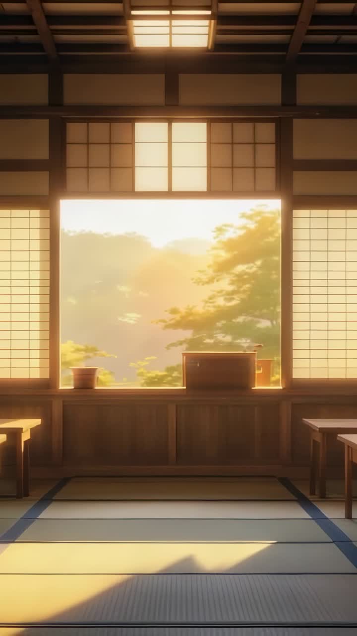 Vertical video: Opening shoji panels and flooding room with light casting shadows on tatami mats