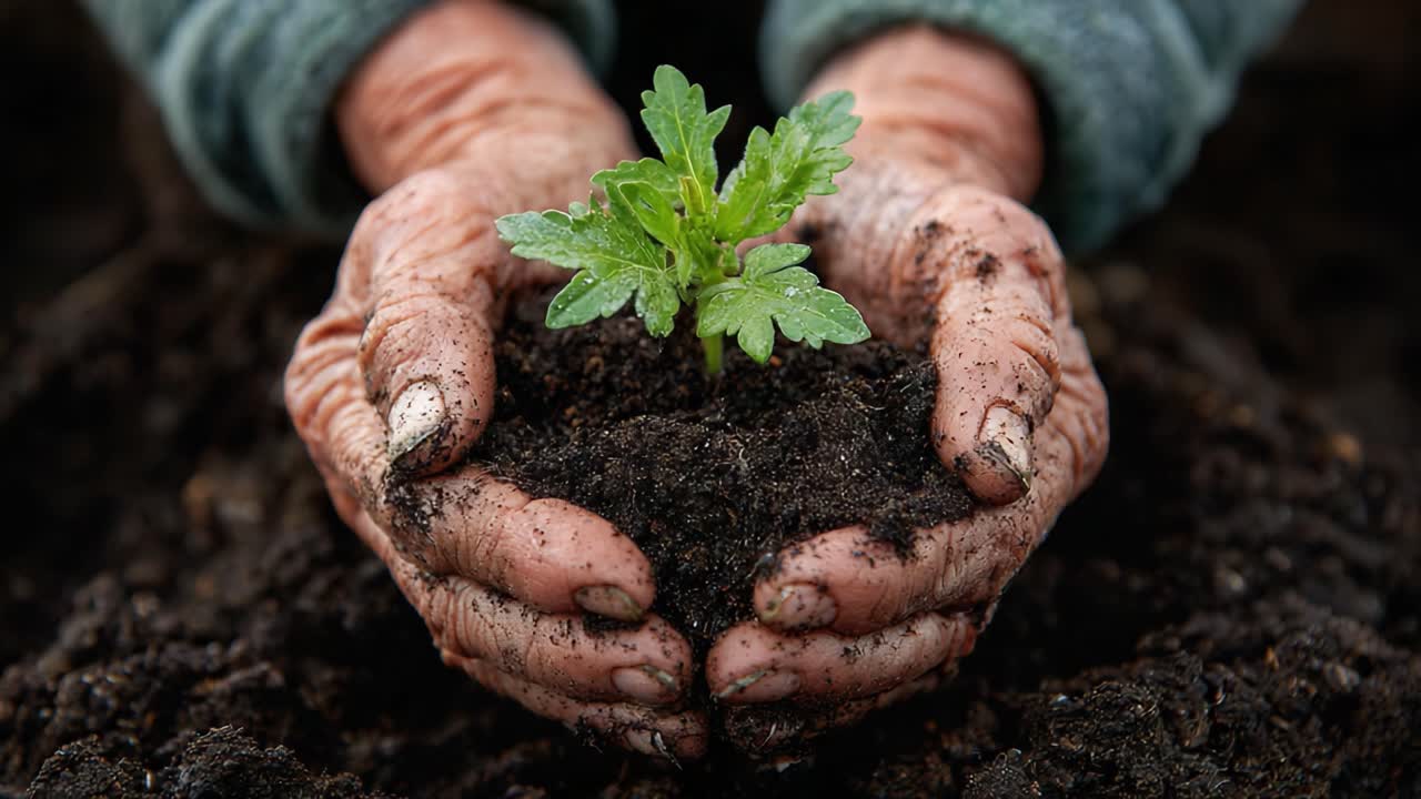 Nurturing Growth: A Close-Up of Hands Cradling a New Plant and the Transformation of Soil into Life Amidst a Garden Environment