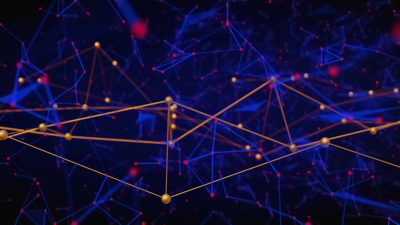 Starting with triangular golden nodes shifting, connecting lines pivoting, visualizing data flow